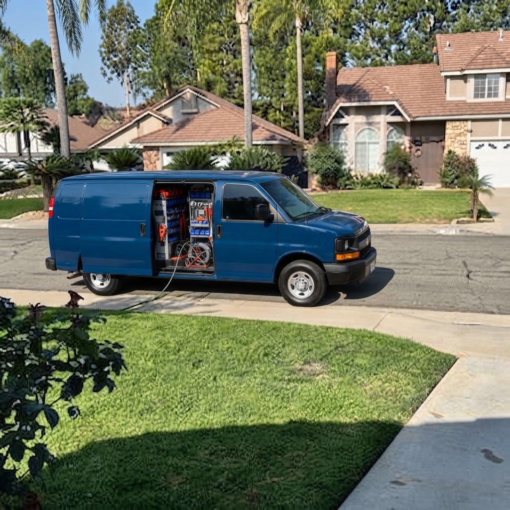 Dedicated service van equipped with sewer inspection tools in Orange, CA