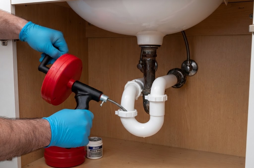 Licensed plumber inspecting and repairing residential drainage pipe in El Modena, CA